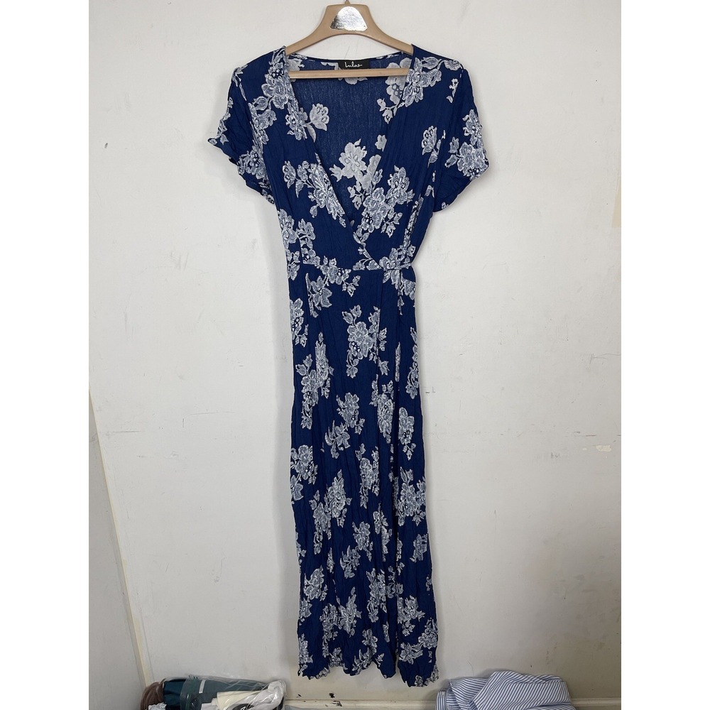 Lulus Womens Dress Large Blue Floral Wedding Guest Wrap‎ Maxi Flowy Long Fairy